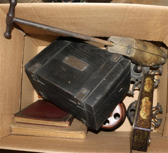 Pipe stands, box, 2 books, tin etc.